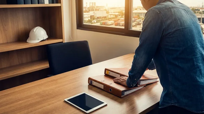 Employer reviewing payroll binders at an office desk, Illinois Minimum Wage 2026 for Employers