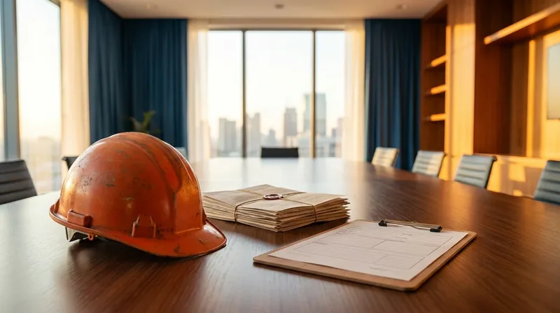 Hard hat, bundled documents and a clipboard on a conference table, Illinois Business Insurance
