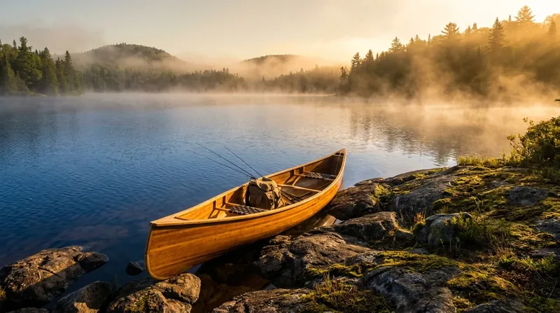 Canoe and fishing gear at a calm forest lake at dawn, How to Start a Hunting Outfitter or Fishing Guide Business in Illinois