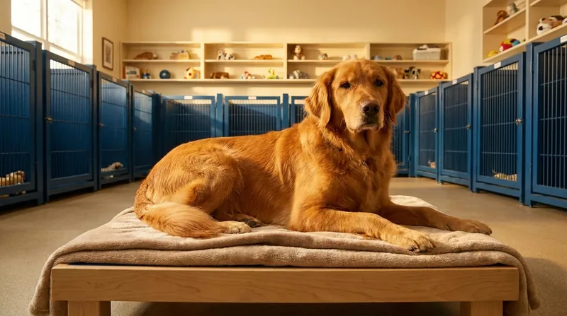 Golden retriever resting in a tidy dog daycare playroom, How to Start a Dog Grooming, Boarding or Pet Store Business in Illinois