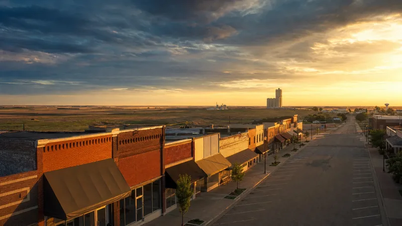 Central Illinois downtown block with flat prairie farmland and a grain elevator beyond, Champaign Business License