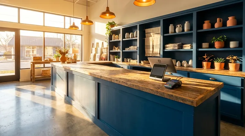 Bright small retail interior with a wooden counter and card terminal, How to Open a Pawn Shop in Illinois Under the 2024 Pawnbroker Act
