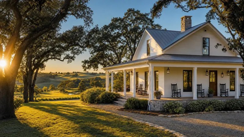 Rental farmhouse cottage porch among oak trees and rolling fields, Airbnb in Illinois