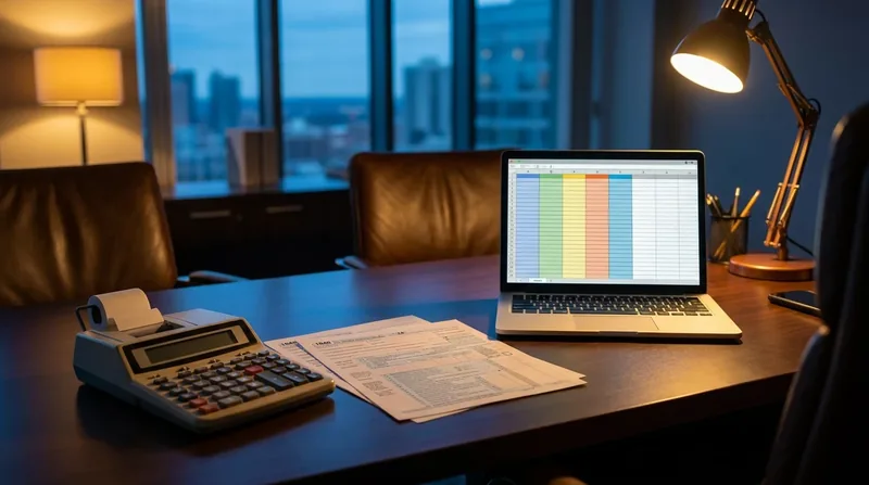 Calculator, tax forms and a laptop spreadsheet on a desk, Chicago Business Taxes