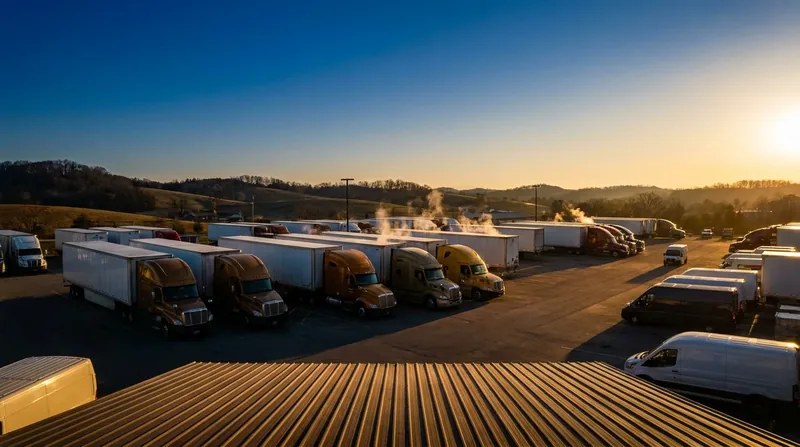 Semi trucks and delivery vehicles at a distribution yard at dawn, How to Start a Moving Company in Illinois